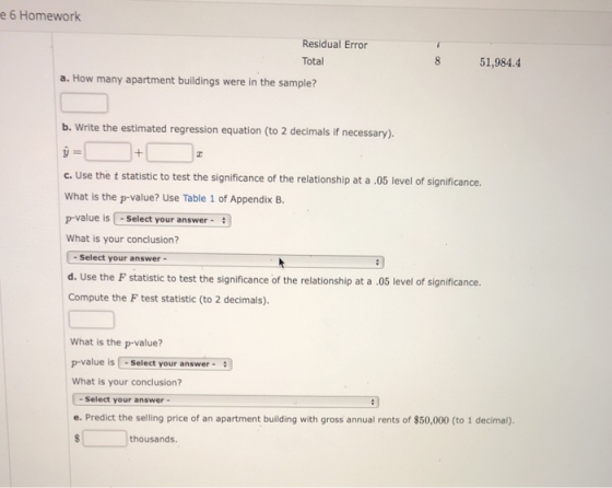 e 6 Homework Residual Error Total 8 51,984.4 a. How many apartment buildings were in the sample? b. Write the estimated regre