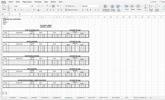 Home Insert Draw Page Layout Formulas Dua Review View Share .com Merge Center - S - % 9 PROBLEM 1984 CONTROL JOURNAL LEDGER L