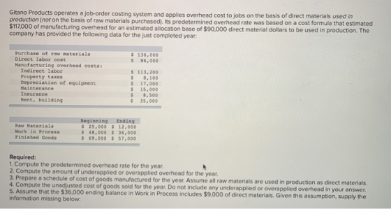 Gitano Products operates a job-order costing system and applies overhead cost to jobs on the basis of direct materials used i