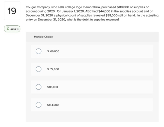 19 Cougar Company, who sells college logo memorabilia, purchased $110,000 of supplies on account during 2020. On January 1, 2