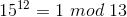 15^{12}= 1 \ mod \ 13