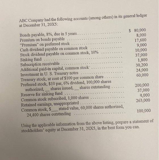 ABC Company had the following accounts (among others) in its general ledger at December 31, 20X5: Bonds payable, 8%, due in 5