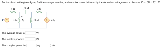 For the circuit in the given figure, find the average, reactive, and complex power delivered by the dependent voltage source.