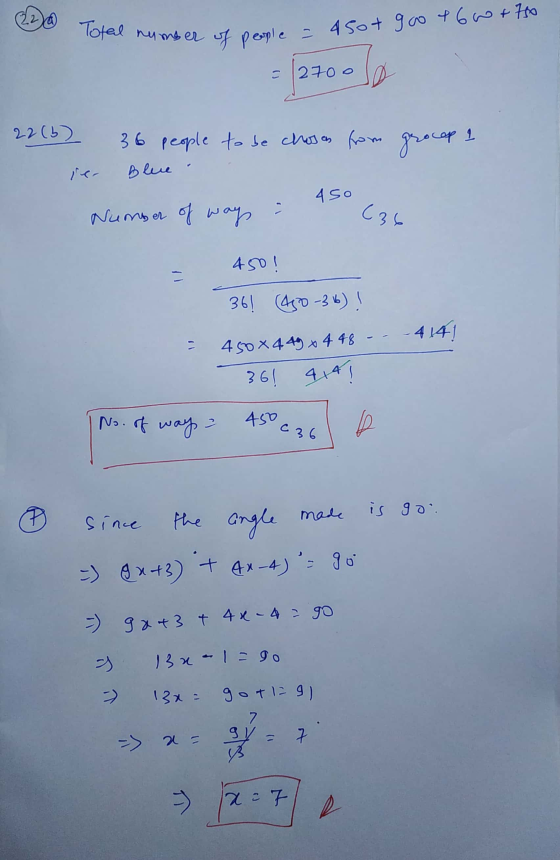 22 Total number of people = 450+ 900 16 0 +7 bolo 2700 22 (6) 36 people to be choses from grocop 1 Blue 450 Number of ways (3