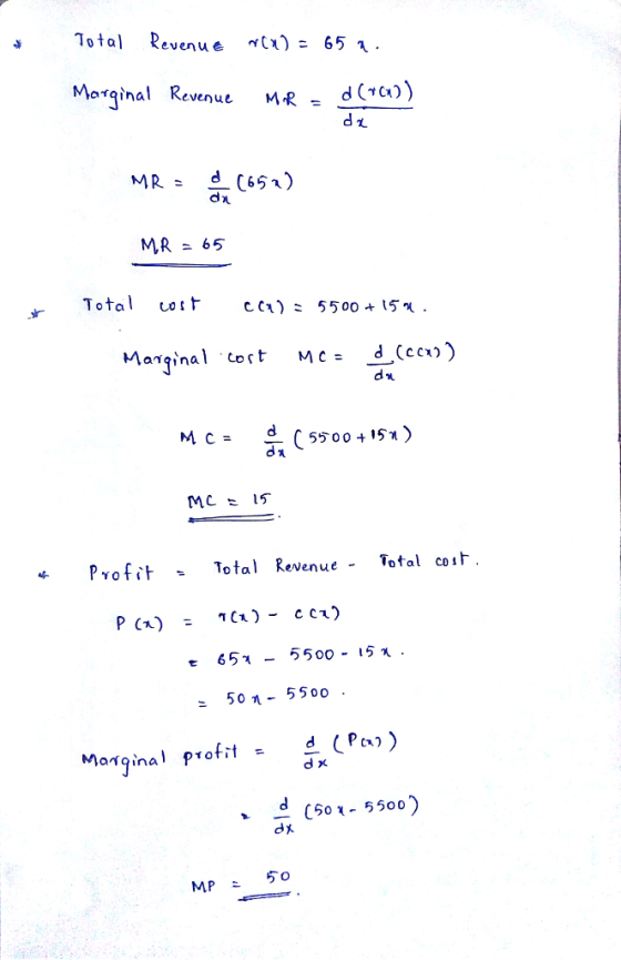Total Revenue tx) 65 Marginal Revenue MR = du MR - 65 Total 101t cal: 5500 + 15χ. d (cci) 戈 Pvofit Total Revenue - Tofal cost τ 651-5500-15 . 50-55oo Mangina profit = d (Pa») イ9 0 으 150-5500 dト 5 o MP -