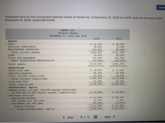 Chech Presented here are the comparative balance sheets of Hames Inc. at December 31, 2020 and 2019. Sales for the year ended