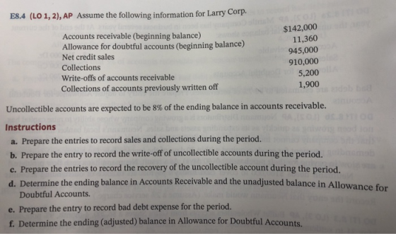 E8.4 (LO 1, 2), AP Assume the following information for Larry Corp. $142,000 11,360 945,000 910,000 5,200 Accounts receivable