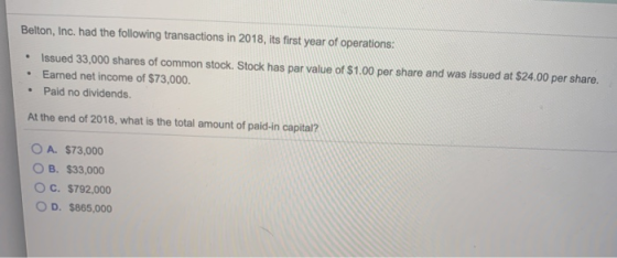 Belton, Inc. had the following transactions in 2018, its first year of operations: • Issued 33,000 shares of common stock. St
