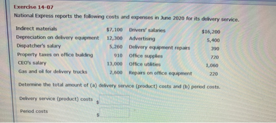 Exercise 14-07 National Express reports the following costs and expenses in June 2020 for its delivery service. Indirect mate