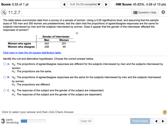 Score: 0.33 of 1 pt 3 of 10 (10 complete) HW Score: 45.83%, 4.58 of 10 pts 2x) 11.2.7 Question Help The table below summarize