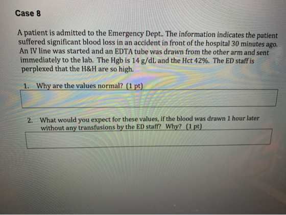 Case 8 A patient is admitted to the Emergency Dept.. The information indicates the patient suffered significant blood loss in