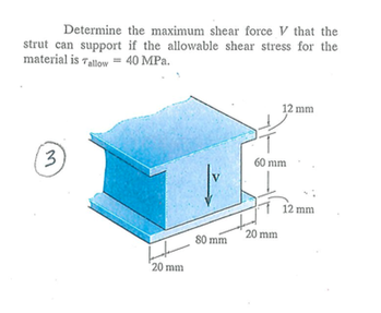 Determine the maximum shear force V that the strut can support if the allowable shear stress for the material is Talow-40 MPa. 12 mm 60 mm 12 mm 0 mm 20mm 20 mm