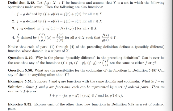 Definition 5.48. Let f,g:X + Y be functions and assume that Y is a set in which the following operations make sense. Then the