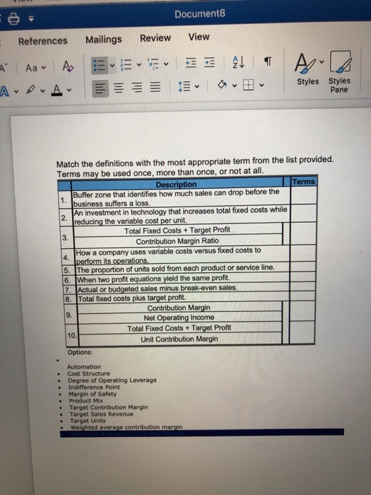 Documents References Mailings Review View Aa A E Eva ÎL r ADACI As Styles Styles Pane Match the definitions with the most app