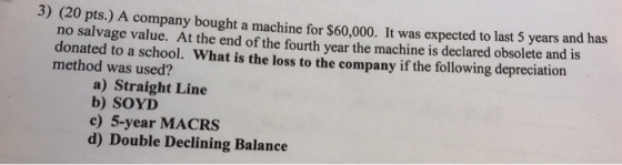 3) (20 pts.) A company bought a machine for $60,000. It was expected to last 5 years and has no salvage value. At the end of