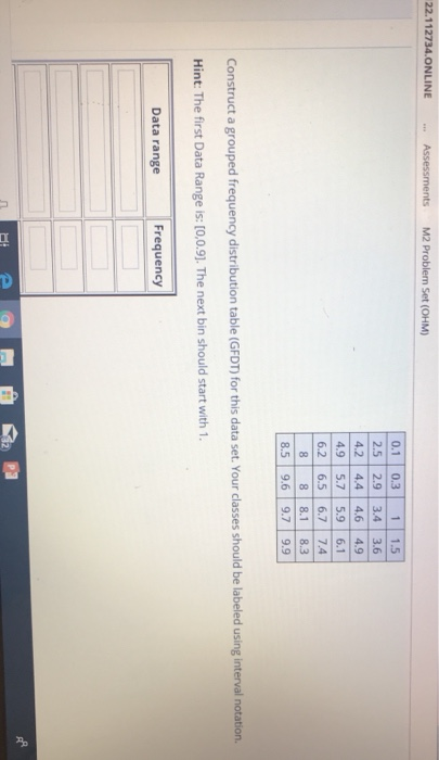 22.112734.ONLINE . Assessments M2 Problem Set (OHM) 1.5 2.5 2.9 3.4 3.6 4.2 4,4 4.6 4.9 4.9 5.7 5.9 6.1 6.2 6.5 6.7 7.4 8.5 9.6 9.7 9.9 Construct a grouped frequency distribution table (GFDT) for this data set. Your classes should be labeled using interval notation. Hint: The first Data Range is: [0,0.9). The next bin should start with Data range Frequency