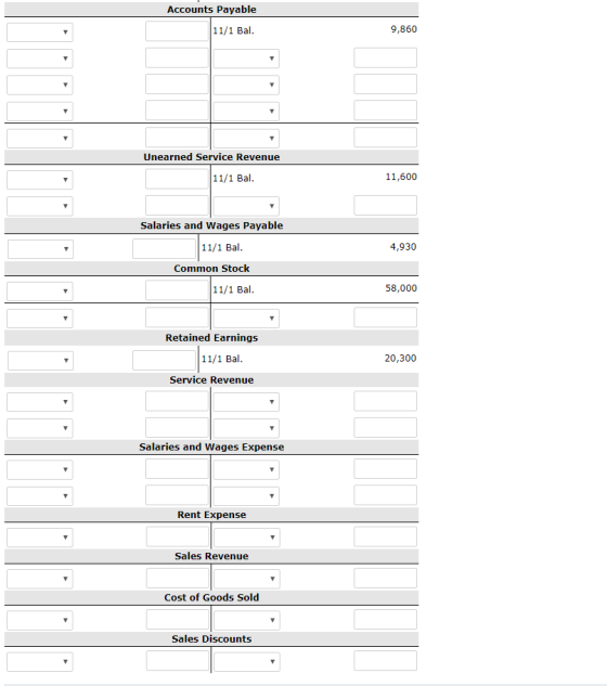 Accounts Payable 11/1 Bal. 9,860 Unearned Service Revenue 11/1 Bal. 11,600 Salaries and Wages Payable 11/1 Bal. 4,930 Common