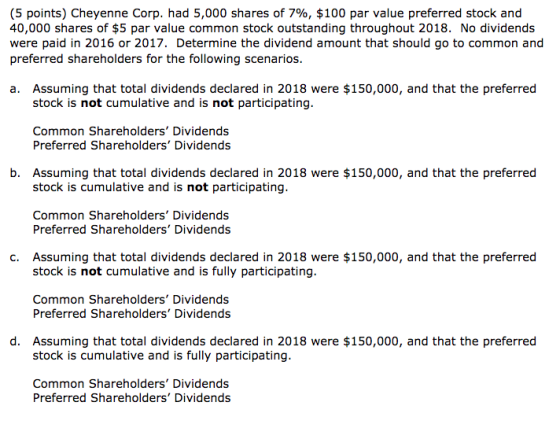(5 points) Cheyenne Corp. had 5,000 shares of 7%, $100 par value preferred stock and 40,000 shares of $5 par value common sto