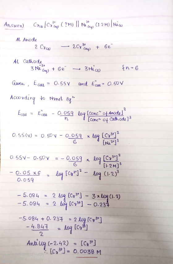Answer) Coco I comp ( ?M) || Me toys (1.2 M) Mics AL Anode • 2+ 2 Cow - 2.Crater + 6e At Cathode - 3 Ni Cay) + 6é → 3 Hics {n