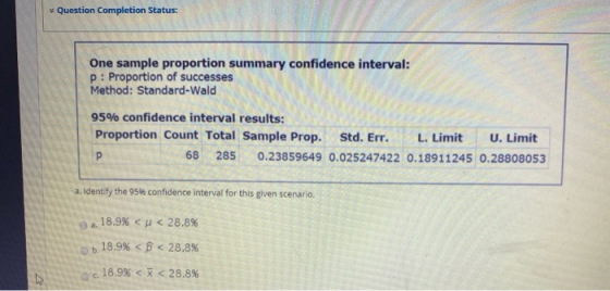 Question Completion Status: One sample proportion summary confidence interval: P: Proportion of successes Method: Standard-Wa
