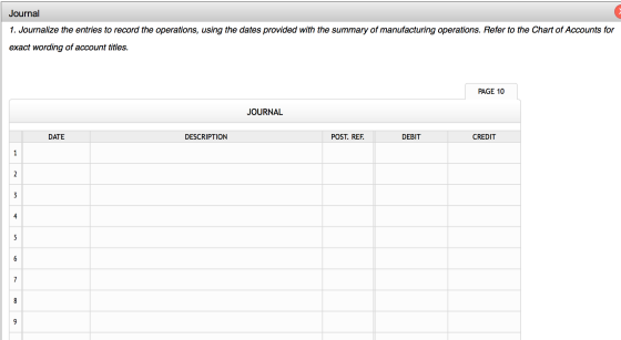 Journal 1. Journalize the entries to record the operations, using the dates provided with the summary of manufacturing operat