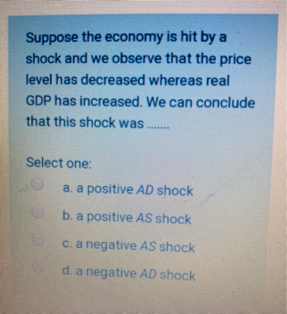 Suppose the economy is hit by a shock and we observe that the price level has decreased whereas real GDP has increased. We ca