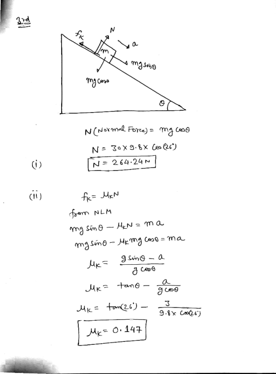3rd N fik a Im mgsmo my cose N(Normal Force) = mg caso N = 30X9.8 x Cos (26) N= 264.24 (0) cii mg sino f= Чем from NLM MIN=ma