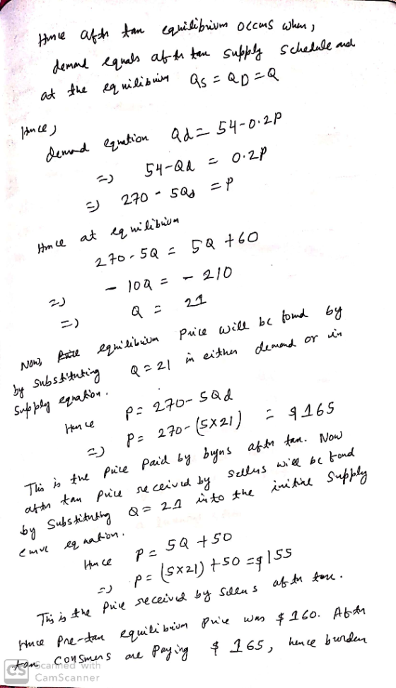 time afth fan equilibrium occms when demand equals at th tan supply schedule and at the equilibruine Qs = QD=Q Hence, demand