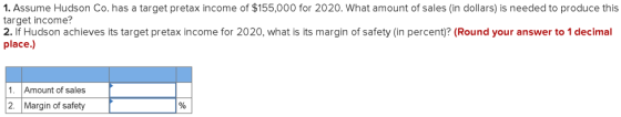 1. Assume Hudson Co. has a target pretax income of $155,000 for 2020. What amount of sales in dollars) is needed to produce t