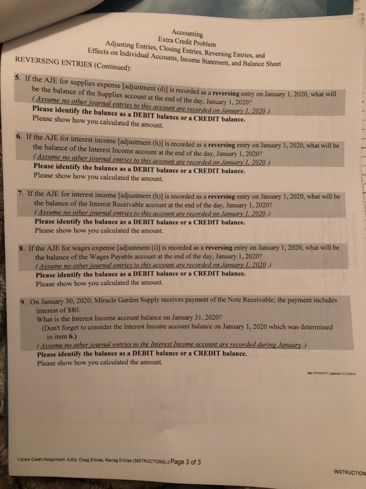 Accounting Extra Credit Problem Adjusting Entries, Closing Entries, Reversing Entries, and Effects on Individual Accounts, In