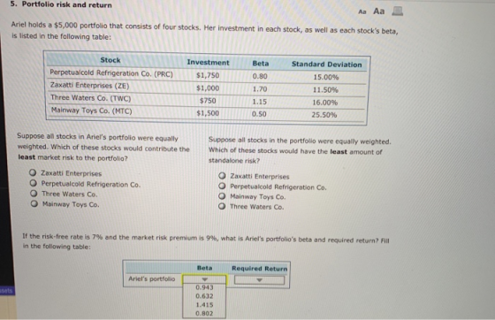 5. Portfolio risk and return Aa Ariel holds a $5,000 portfolio that consists of four stocks. Her investment in each stock, as