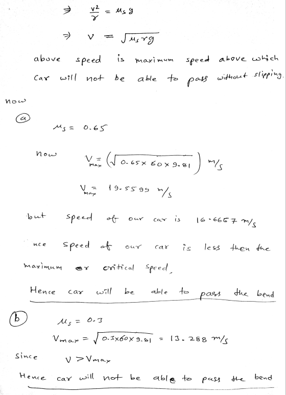 v² = Msg 7 v = Susrg π above speed is maximum speed above which Car will not be able to pass without slipping now a Ms= 0.65