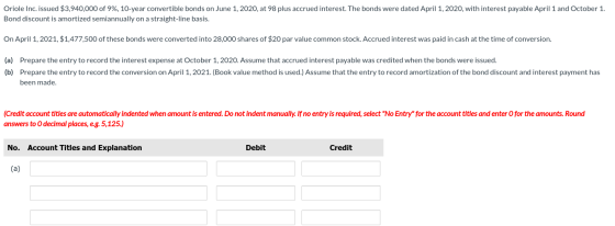 Oriole Inc. issued $3,940,000 of 9%, 10-year convertible bonds on June 1, 2020, at 98 plus accrued interest. The bonds were d