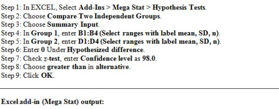 Step 1: In EXCEL, Select Add-Ins> Mega Stat> Hypothesis Tests. Step 2: Choose Compare Two Independent Groups. Step 3: Choose