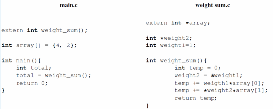main.c extern int weight sum int array (4, 2 int main int total; total weight sum i return 0; weight sum c extern int *array; int weight int weight. 1-1; int weight sum int tempo 0; weight 2 weight 1 temp weigt ha 1 array (0 temp weight 2 array [1] return temp;