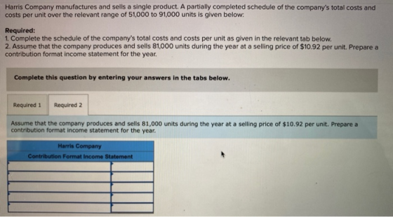 Harris Company manufactures and sells a single product. A partially completed schedule of the companys total costs and costs