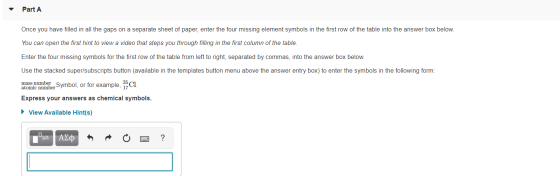 Part A Once you have filled in all the gaps on a separate sheet of paper, enter the four missing element symbols in the first