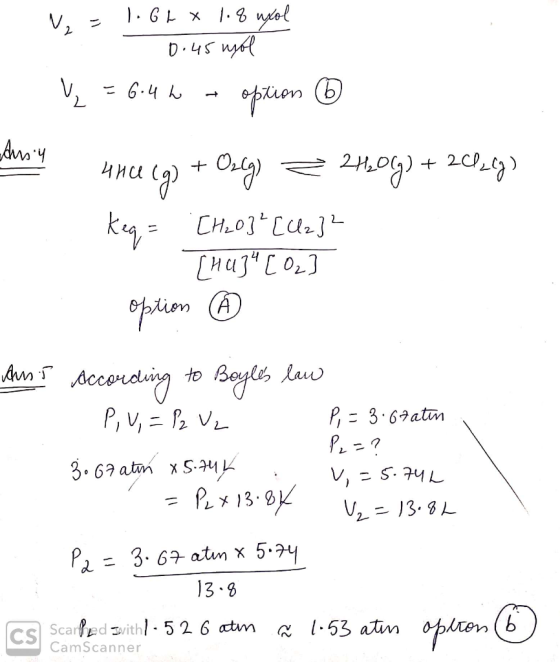 N = R 1.66 x 1.8 uxol 0.45 mol V = 6.4 € - option © a* Ha (4) + O2 = 24,2%)+ 20.9) keq = [H2O3* [Uz] 1 [HQ] [ Oz] option Aus