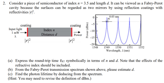 2. Consider a piece of semiconductor of index n = 3.5 and length d. It can be viewed as a Fabry-Perot cavity because the surf