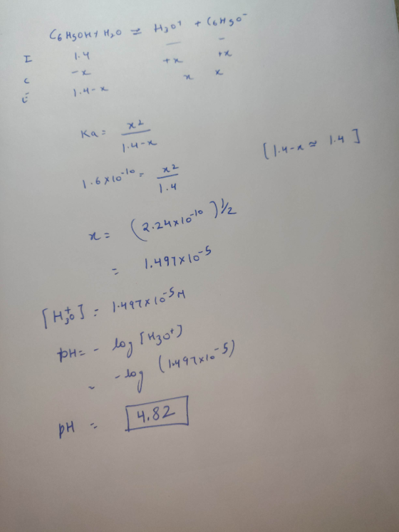 H₂ot + (6hgo C6HGOH+ H₂O = 1.4-x x2 ka= x2 Ka= ] 1.4-x 11.4-12 1.4 x 2 - Toro 1.68 lo 1.4 x= (2.24x1070 % = 1.4910105 TH to ]