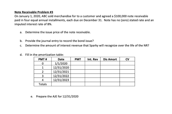 Note Receivable Problem #3 On January 1, 2020, ABC sold merchandise for to a customer and agreed a $100,000 note receivable p