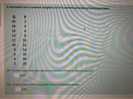 A monopolist has a constant marginal cost of 4 and this accompanying demand table: #1) At what output level will a perfect co