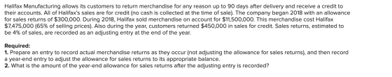 Halifax Manufacturing allows its customers to return merchandise for any reason up to 90 days after delivery and receive a cr