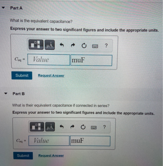 Part A What is the equivalent capacitance? Express your answer to two significant figures and include the appropriate units.