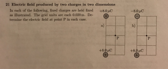 21 Electric field produced by two charges in two dimensions In each of the following, fixed charges are held fixed +8.0C as illustrated. The grid units are each 0.020 m. De- termine the electric field at point P in each case. -80 C a) b) +8.0 uC +8.0 pC