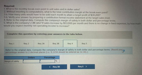 Required: 1. What is the monthly break-even point in unit sales and in dollar sales? 2. Without resorting to computations, wh