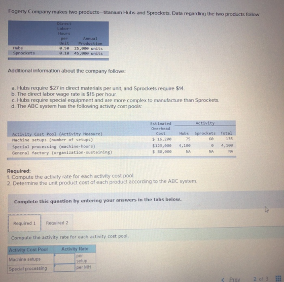 Fogerty Company makes two products-titanium Hubs and Sprockets. Data regarding the two products follow: Direct Labor Hours pe