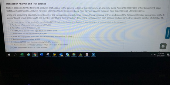 Transaction Analysis and Trial Balance Make T-accounts for the following accounts that appear in the general ledger of Dave J