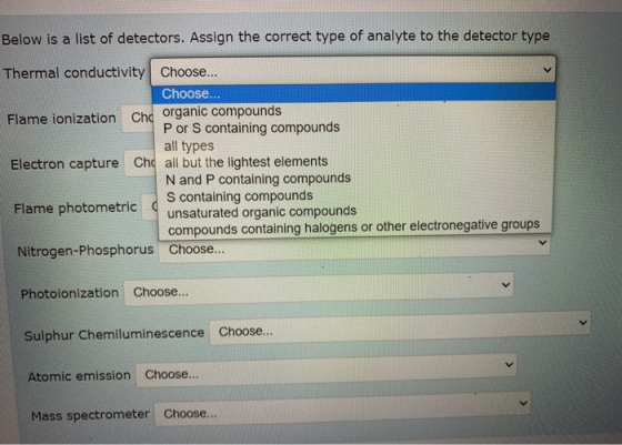 Below is a list of detectors. Assign the correct type of analyte to the detector type Thermal conductivity Choose... Choose..