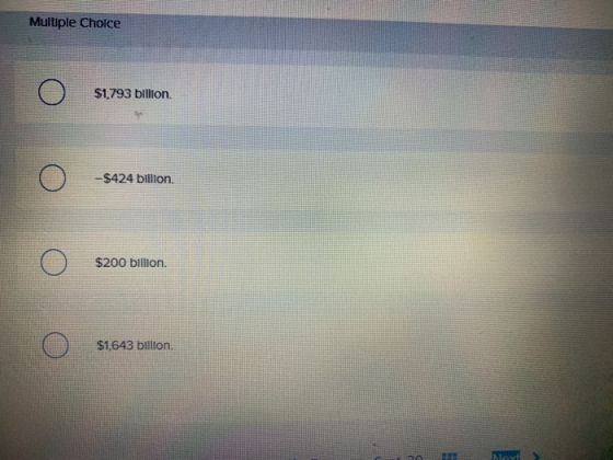 Multiple Choice $1,793 billion. -$424 biliion. $200 billion. $1,643 bilion